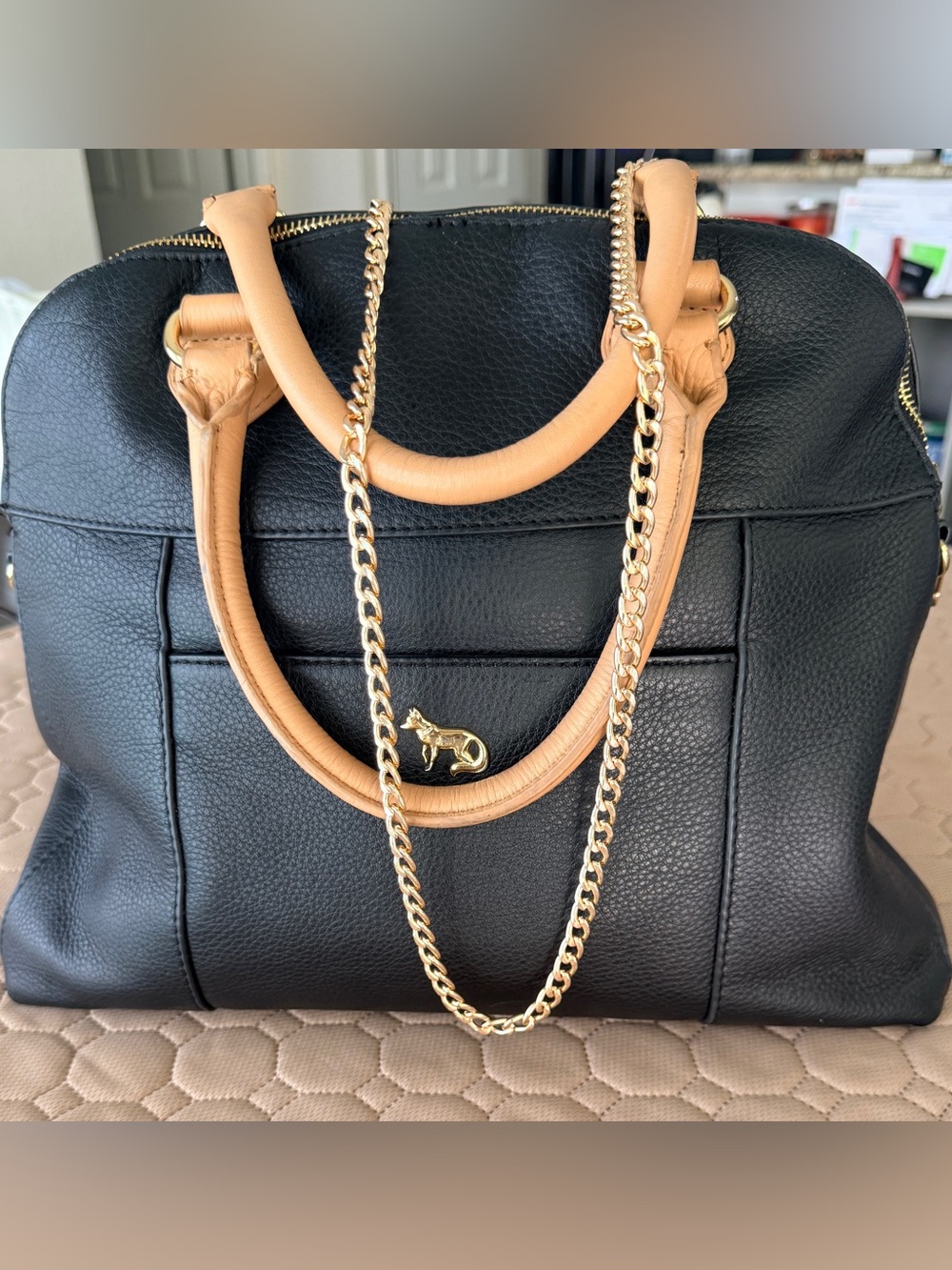 Emma Fox Black Label NWOT black 
leather floral Lined Dome Satchel cross
Body